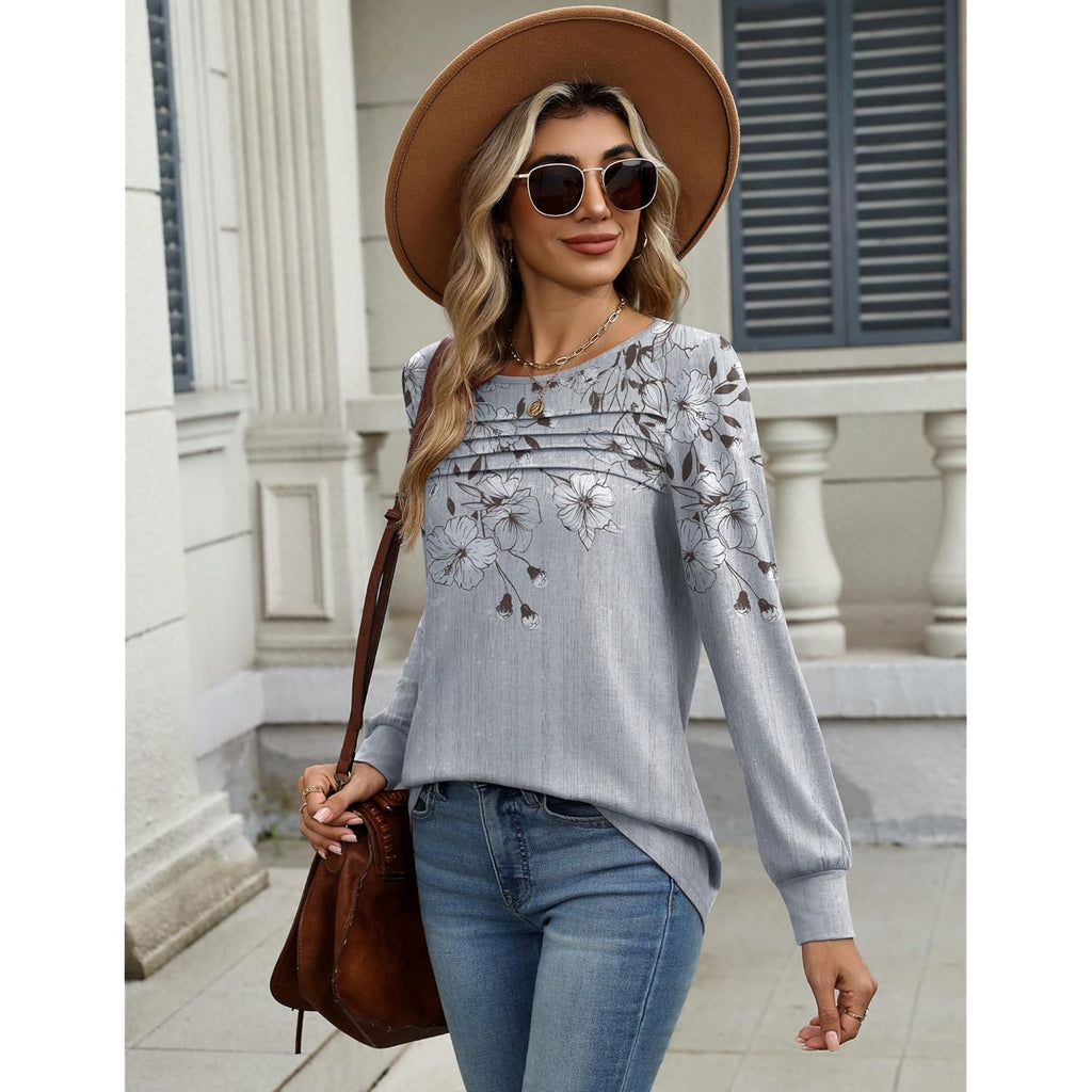 Long Sleeve Shirts for Women Casual Fall Fashion Crewneck Pleated Tunic Tops Work Outfit Blouse