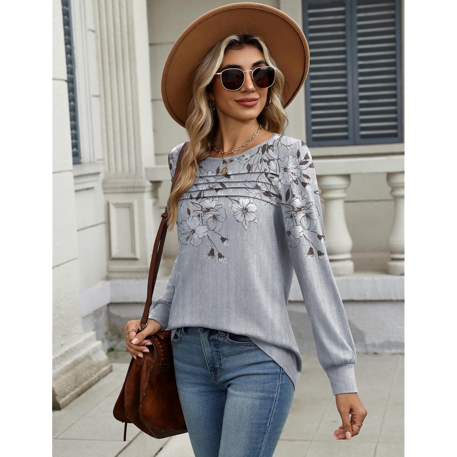 Long Sleeve Shirts for Women Casual Fall Fashion Crewneck Pleated Tunic Tops Work Outfit Blouse