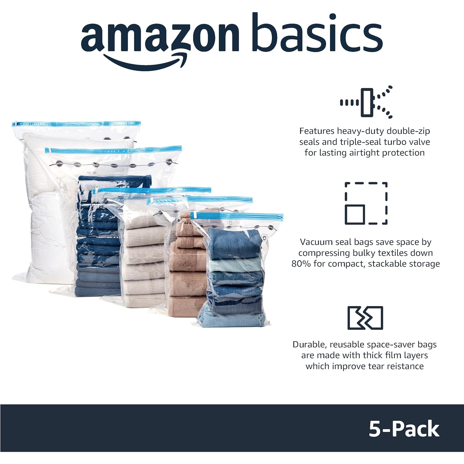Amazon Basics Vacuum Storage Bags, Compression Space Saving For Clothes And Linens, Reusable With Hand Pump, Large, Clear, 5-Pack