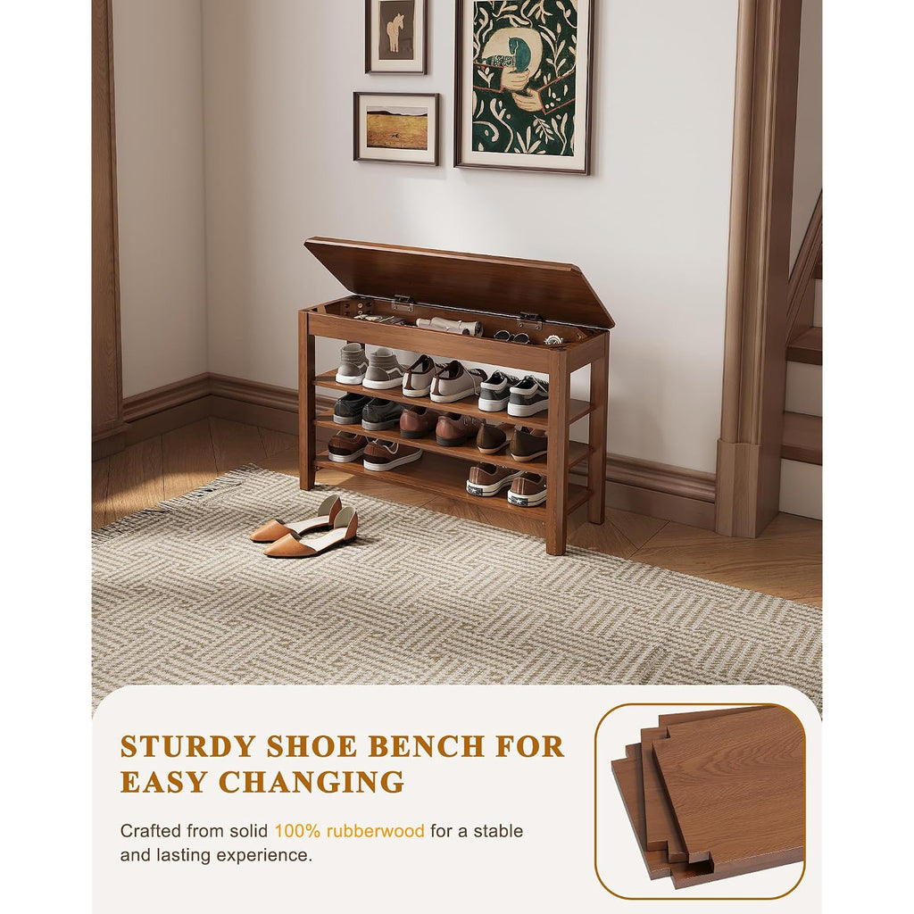 Shoe Rack Bench Seat Rubberwood 3-Tier Wooden Storage Bench 550Lbs Compact Mid-Century Modern Design For Entryway, Hallway, Closet, Front Door Entrance, Foyer