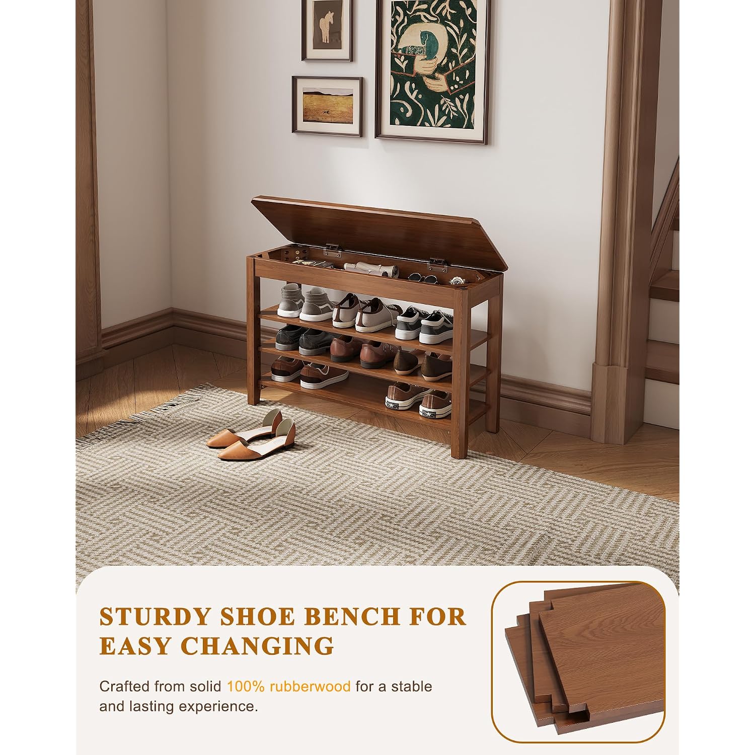 Shoe Rack Bench Seat Rubberwood 3-Tier Wooden Storage Bench 550Lbs Compact Mid-Century Modern Design For Entryway, Hallway, Closet, Front Door Entrance, Foyer