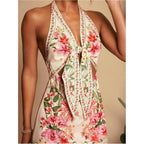 Roseseek Women'S Tropical Floral Backless Halter Dresses Cut Out Knot Front Sleeveless Vacation Short Dress
