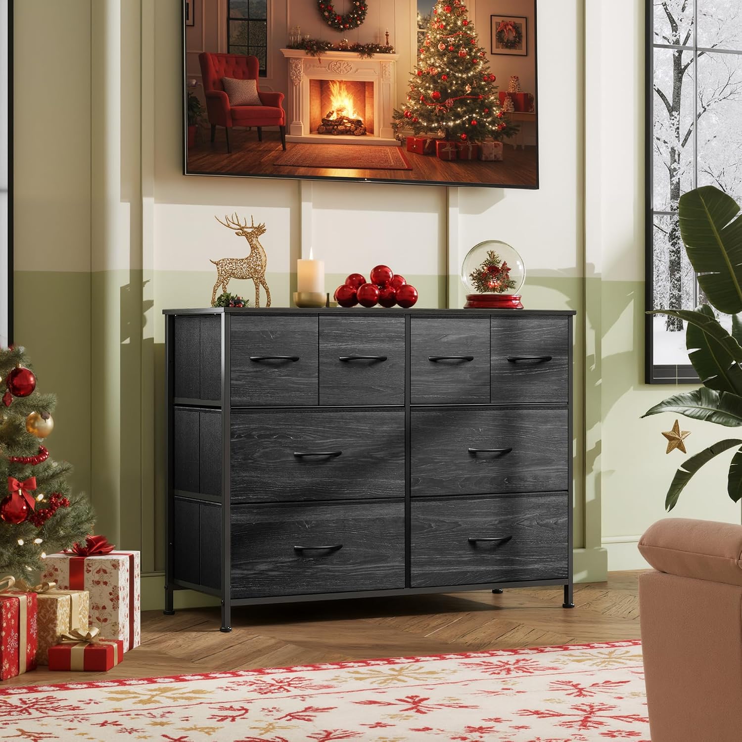 Wlive Dresser For Bedroom With 8 Drawers, Wide Fabric Dresser For Storage And Organization, Bedroom Dressers, Chest Of Drawers For Living Room, Closet, Hallway, Charcoal Black Wood Grain Print