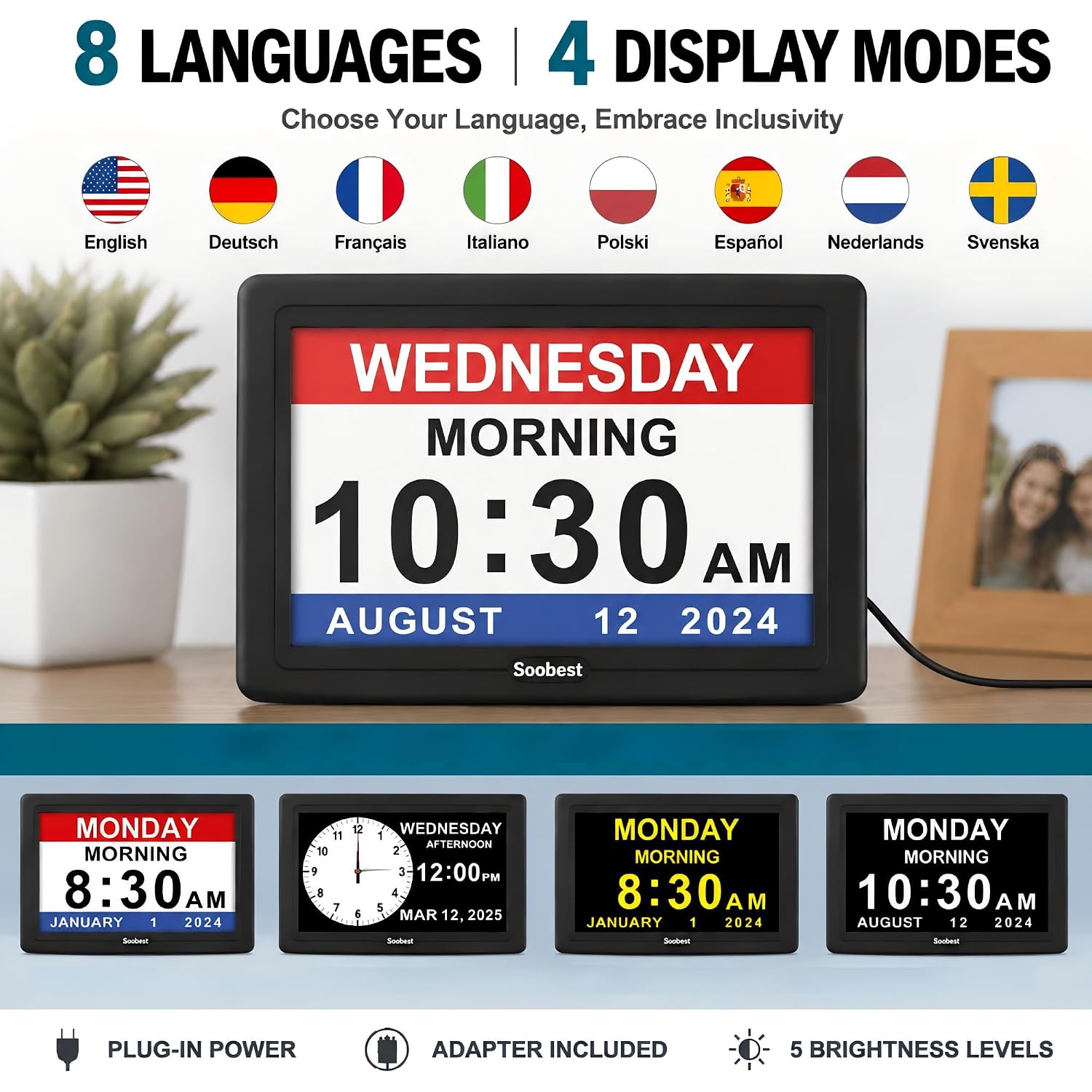 Dementia Digital Clock For Seniors Elderly, 20 Alarm Reminders 3 Ringtones For Memory Loss Alzheimers, Electric Time Date Day Large Display Calendar Clock, Auto Dst, 1024 * 600P Hd