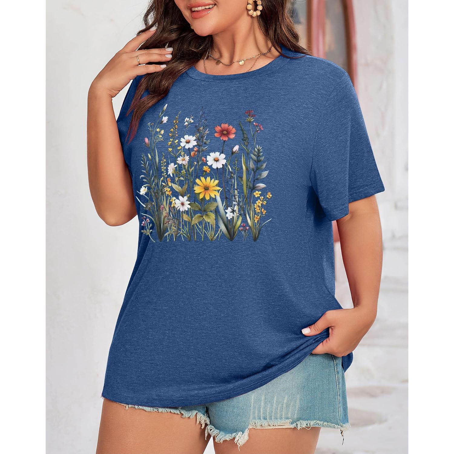 Plus Size Tshirts for Women Graphic Tees Vintage Flower Casual T Shirt Short Sleeve Top Loose Fit Tee Blue 02