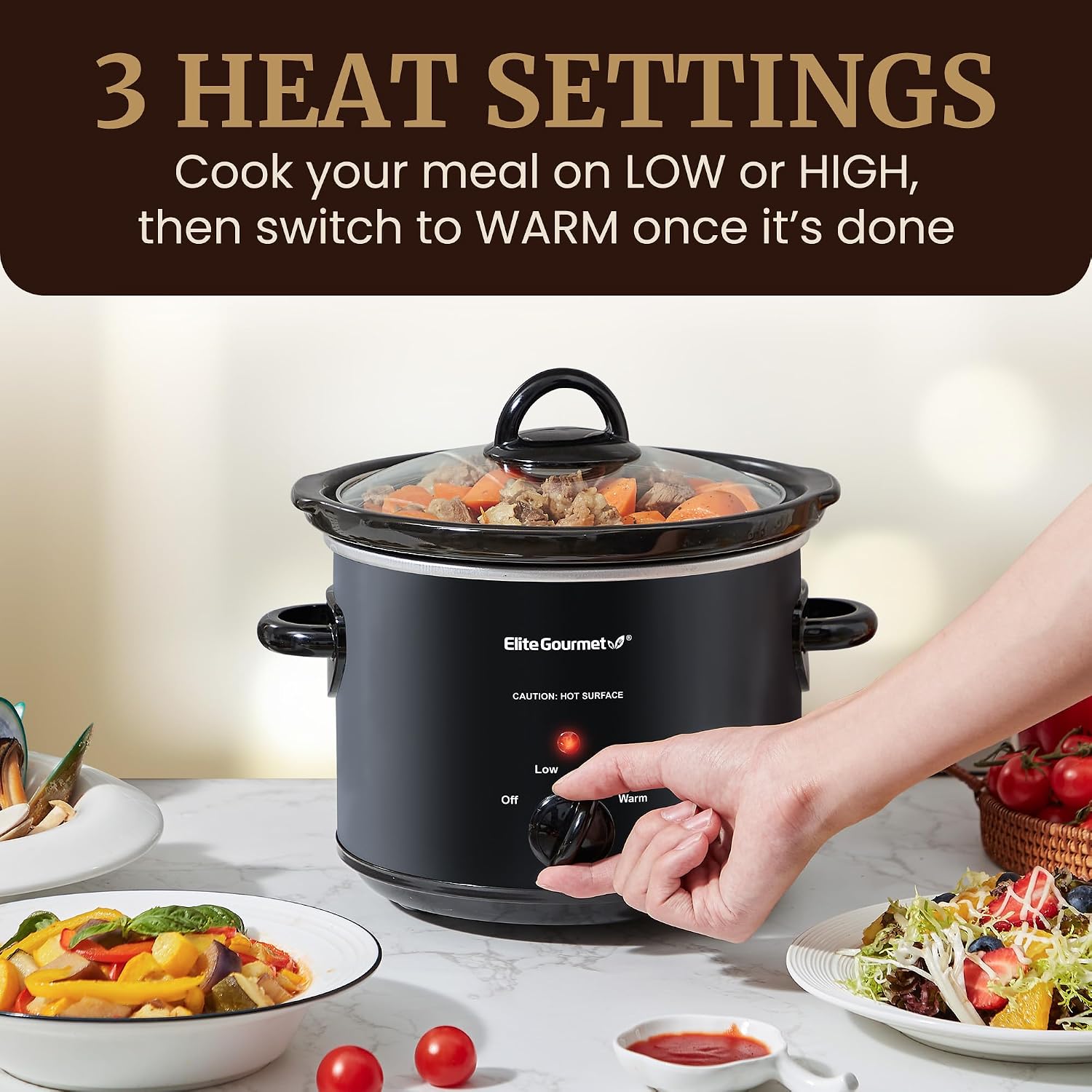Elite Gourmet Mst-350B Electric Slow Cooker, Adjustable Temp, Entrees, Sauces, Stews & Dips, Dishwasher Safe Glass Lid & Crock (3 Quart, Black)
