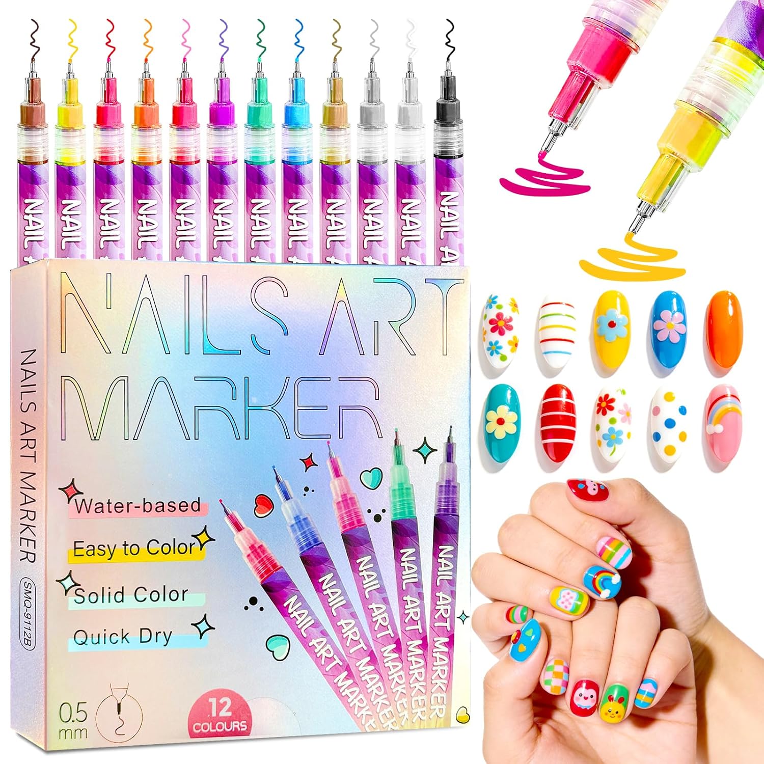 Nail Art Pens, 12 Color 0.5 MM Nail Polish Pens Set Drawing Point Painting Liner Painted Pen Kit, Quick Dry Nail for DIY Nails Art Design Manicure Tools