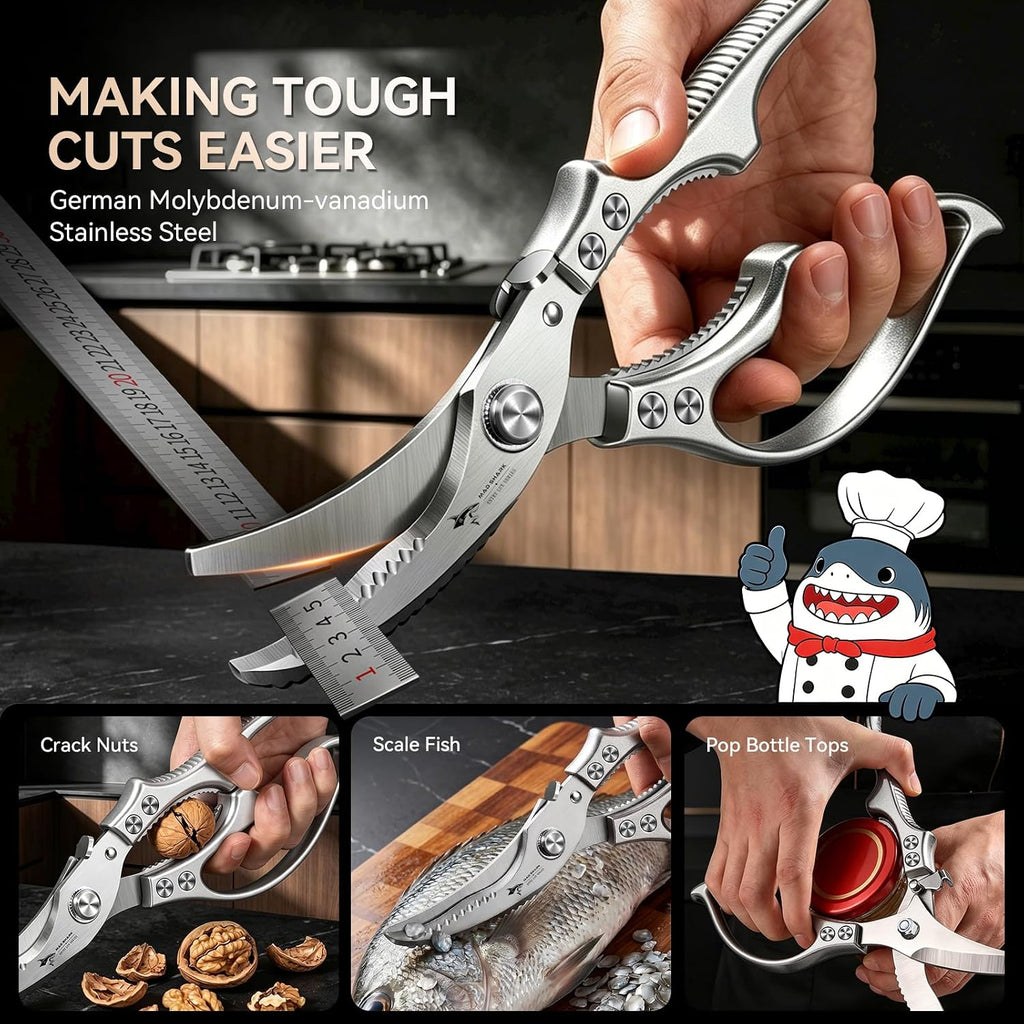 Mad Shark Heavy Duty Poultry Shears, Kitchen Shears With Non-Slip Handle & Safety Lock, All Purpose Kitchen Scissors For Chicken, Meat Cutting, Turkey, Fish, Vegetables, Spring Loaded, Dishwasher Safe