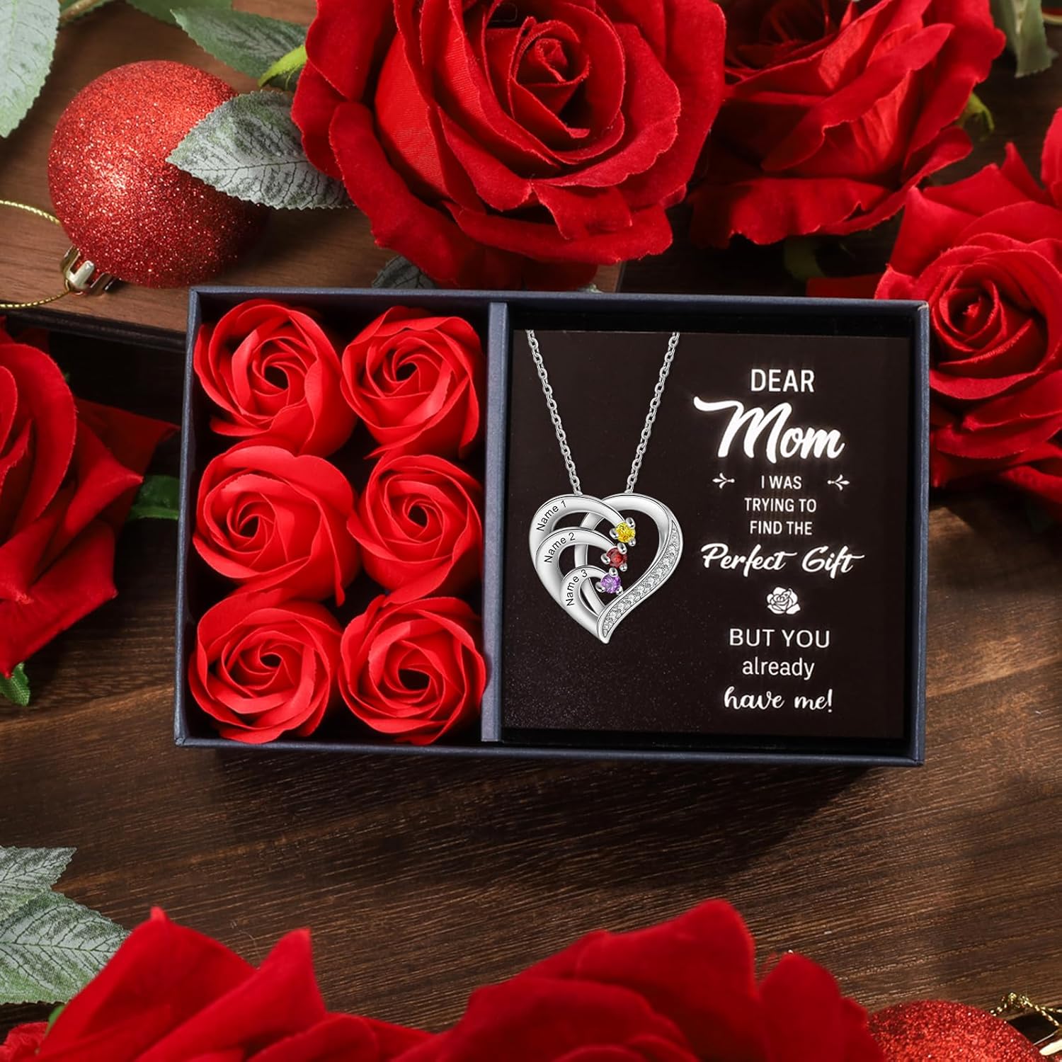 925 Sterling Silver Personalized Name Mom Necklace with 2-6 Heart Birthstones Custom Name Mother Chain Pendant Mother Day Christmas Gifts for Women Mom Grandma Wife
