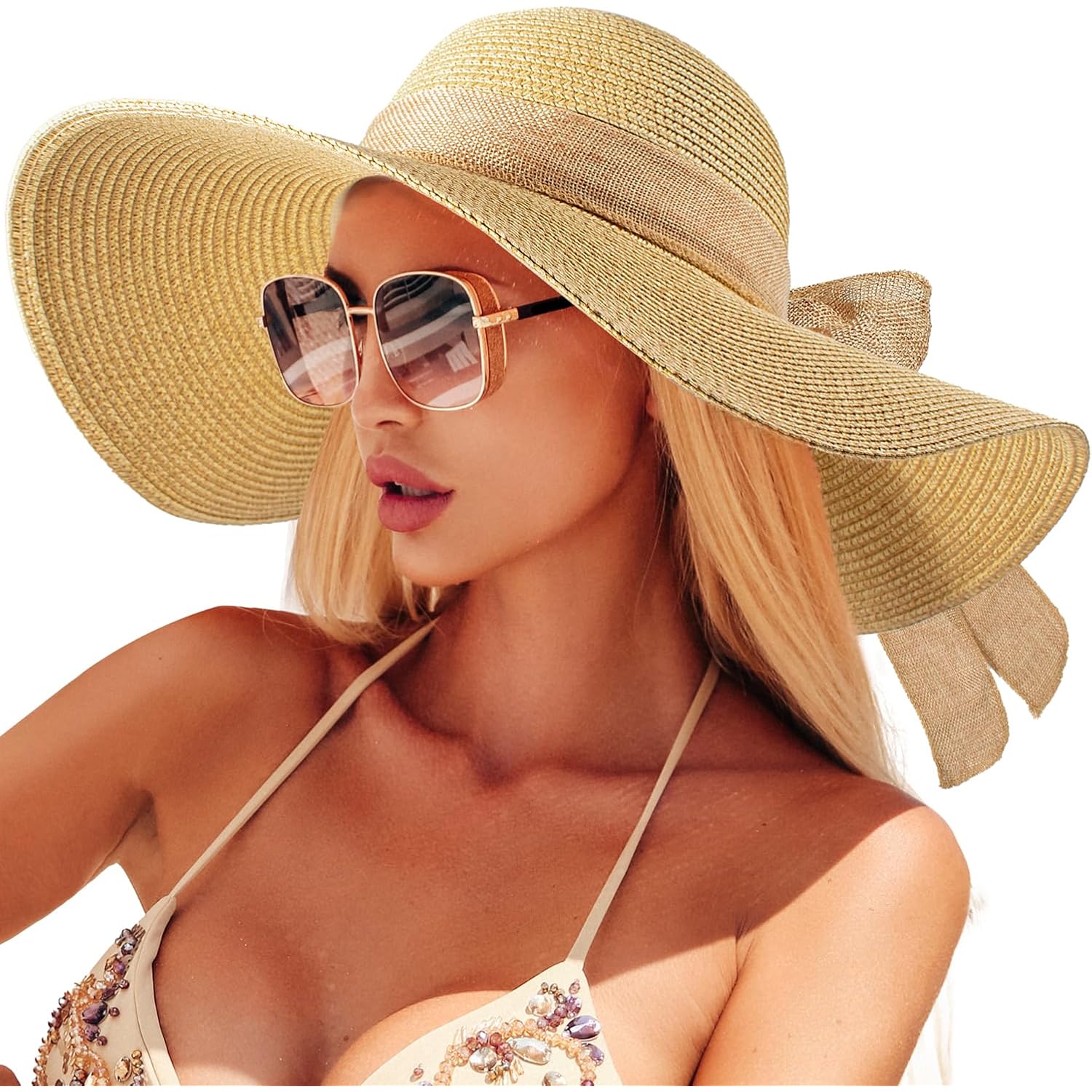 Beach Sun Hats for Women,Wide Brim Straw Hat Floppy Packable UPF 50+ UV Protection with for Summer