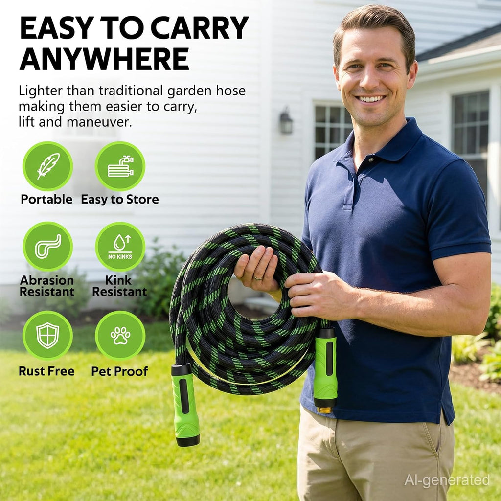 Non-Expandable Garden Hose 25 Ft Water Hose With 10-Function Spray Nozzle | Yard Hose Heavy Duty Steel Metal Flexible,Durable Fabric Skin,No Kinks & Leak-Proof With Upgraded Handle Hose Pipe Outside