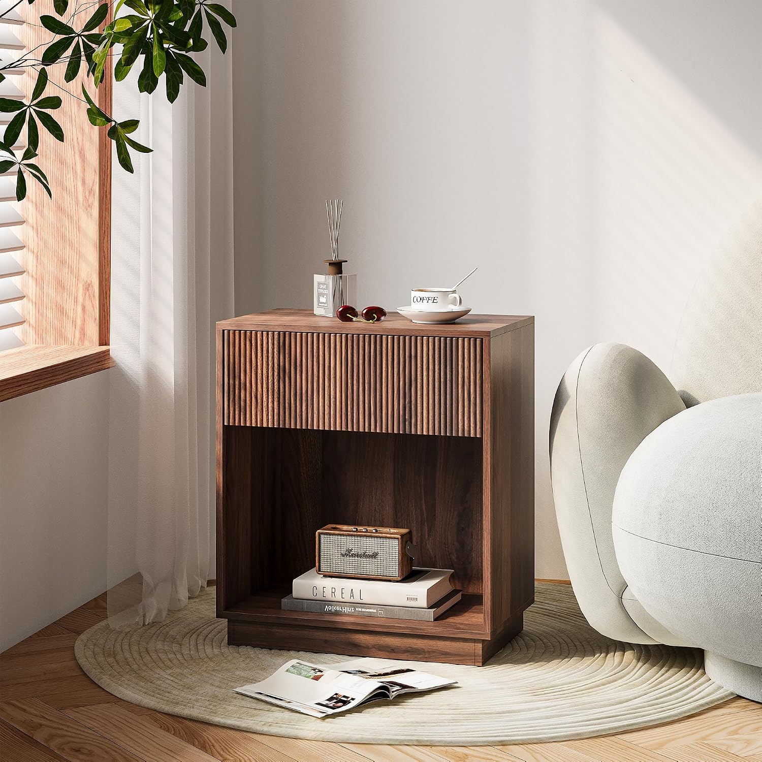 Fluted Nightstands Set Of 2, Modern Bedside Table With Storage Drawer And Open Wood Shelf, Wood End Table Mid Century Night Stands For Bedroom Living Room Sofa Couch Office Walnut Brown