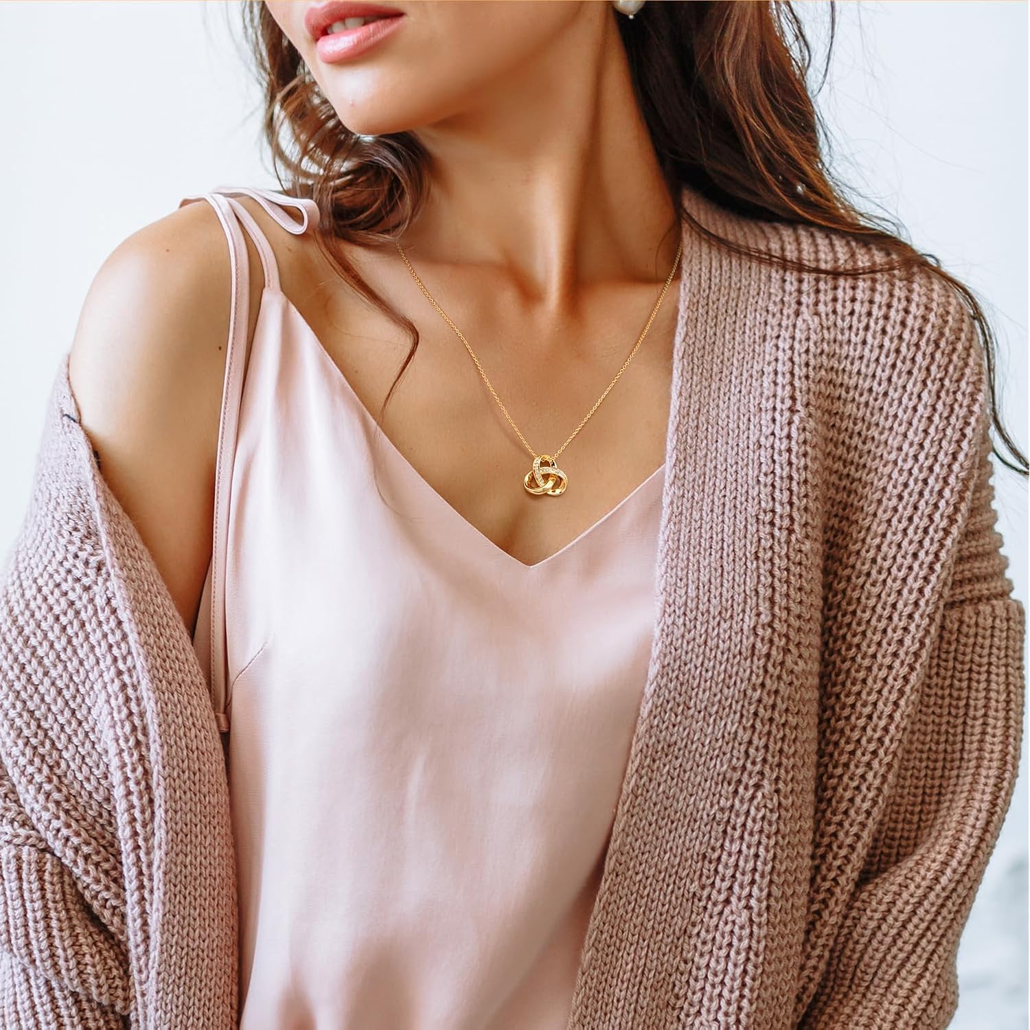Chantel Yorke Gold Necklace for Women Trendy Love Knot Infinity Interlocking Knot Necklaces 14K Gold Pendant Necklace for Women Cubic Zirconia Necklaces 18in+5cm Adjustable Chain