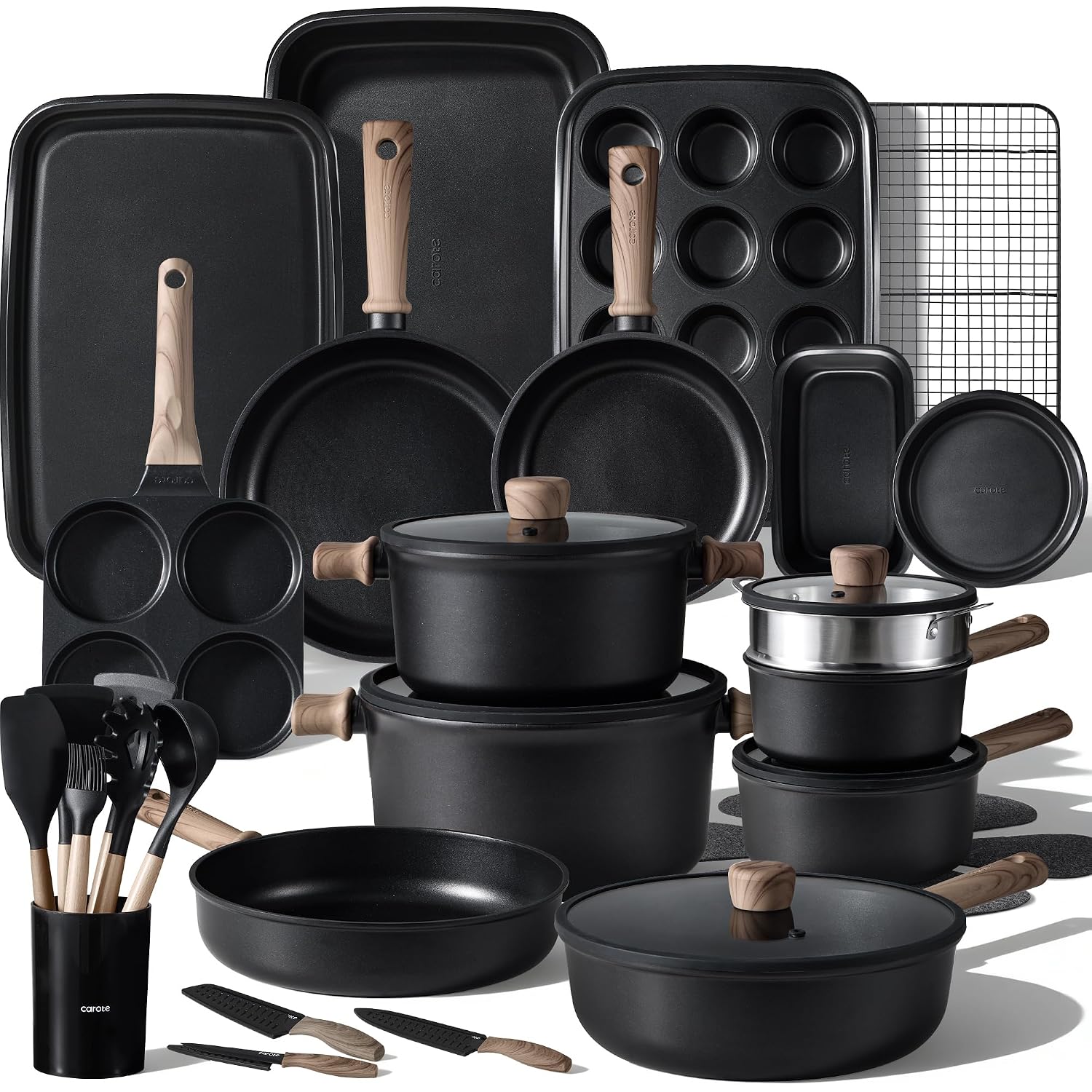 Carote 44Pcs Nonstick Kitchen Titanium Cookware Sets, Nonstick Pots And Pans, Induction Cookware Set Kitchen Cooking Sets, Non Stick W/Frying Pan,Black