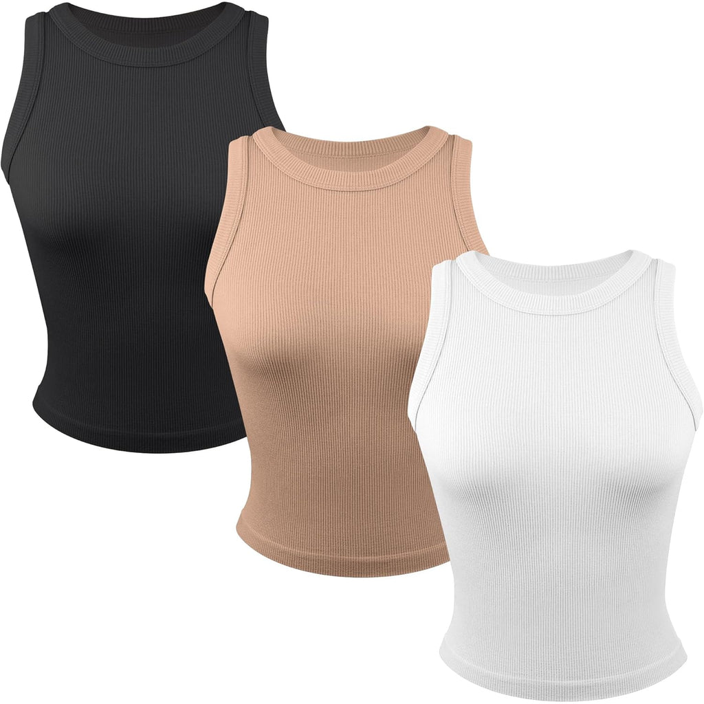 3 Pack Stretch Tank Tops for Women, Ribbed Crew Neck Womens Workout Yoga Tops (Available in Plus)