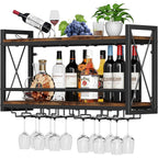 Homeiju Wall Mounted Wine Rack, Bottle & Glass Holder Wood-Metal Retro Wine Rack, Wine Bottles Display Wall Storage For Kitchen Dining Room Home Bar