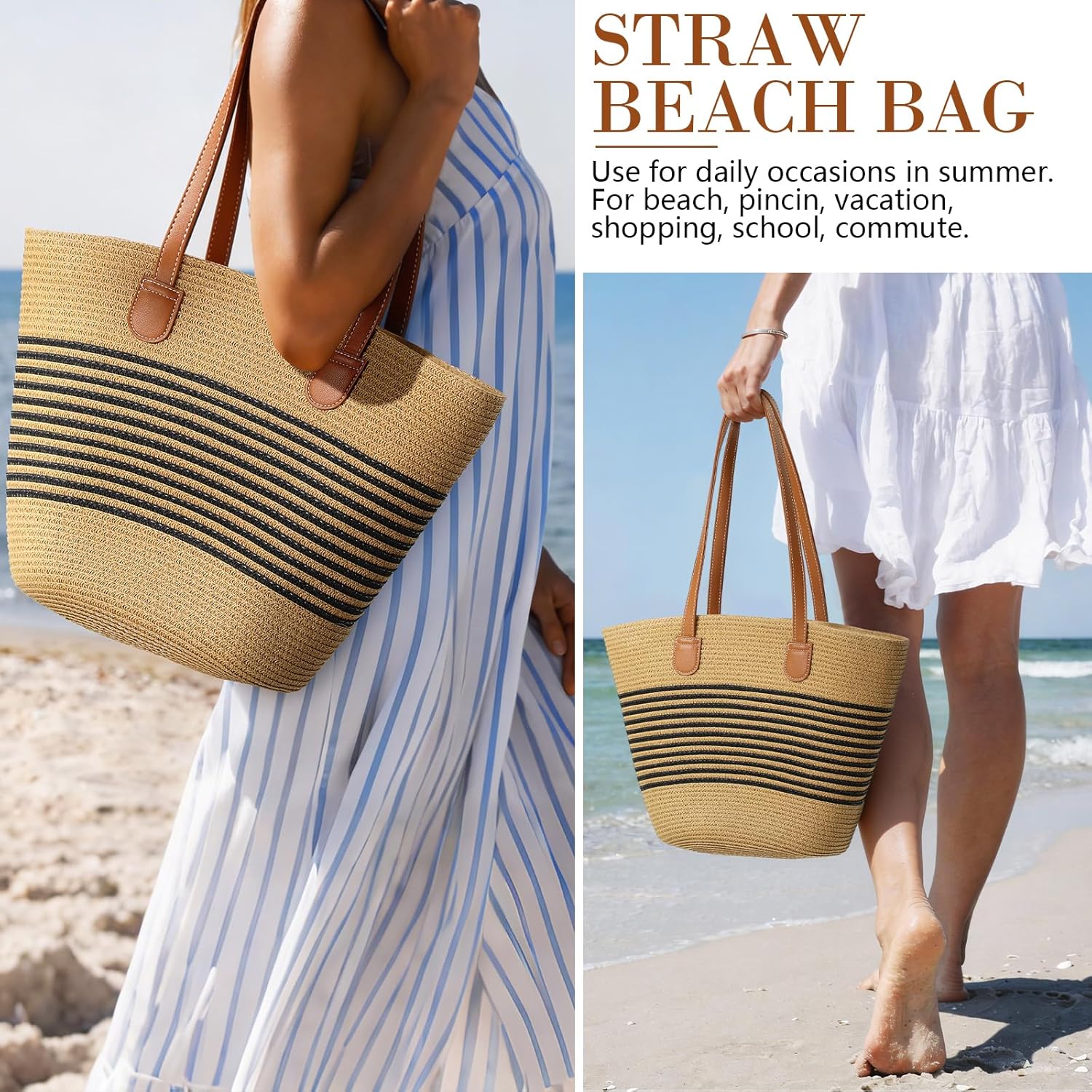 Beach Bags for Women, Summer Straw Beach Bag Straw Purse Shoulder Handbags Large Beach Tote for Summer Vacation