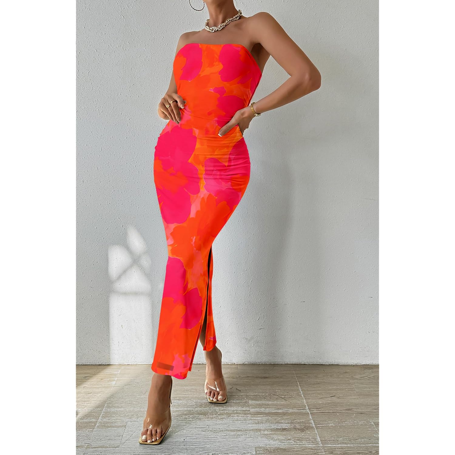 Prettygarden Women'S Summer Wedding Guest Dress Strapless Tube Top Maxi Bodycon Long Floral Mesh Beach Vacation Party Dresses