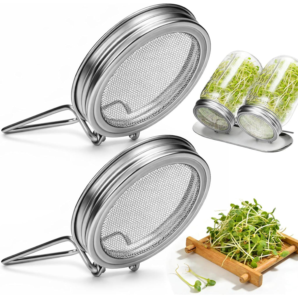 Palksky Sprouting Lids For Wide Mouth Mason Jars, 2Pack Reusable Stainless Steel Screen Bean Sprouts Growing Lid For Organic Alfalfa Broccoli Seeds Mung Bean Plant Germination Kits