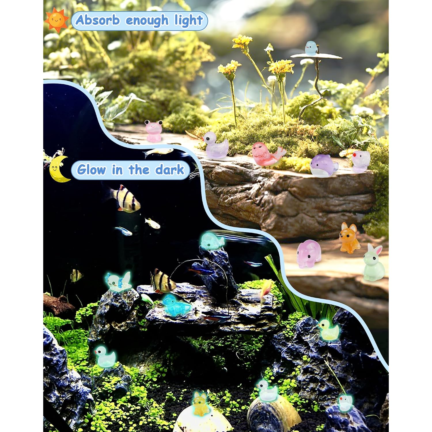 Fiveizero 100Pcs Luminous Mini Resin Animals Bulk - 20 Styles Glow In The Dark Plastic Tiny Animals Figures For Dollhouse, Fairy Garden, Aquarium, Party Favors & Diy Craft Decor