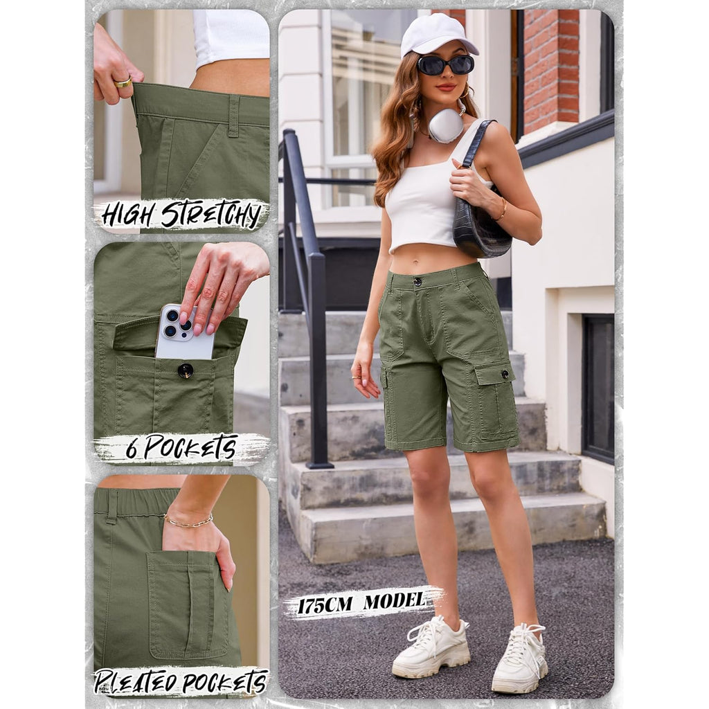 Bermuda Cargo Shorts for Women Casual Long Knee Length High Waisted Stretch Wide Leg Relaxed Fit