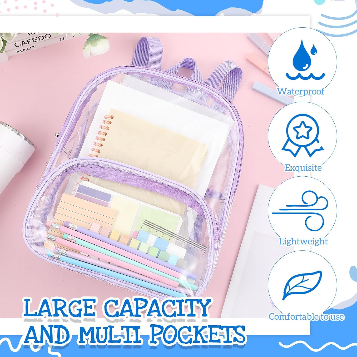 Clear Backpack Bulk Waterproof Transparent Colorful Bookbag Donation Supply Kits For Women Men(12 Inch,50 Pcs)
