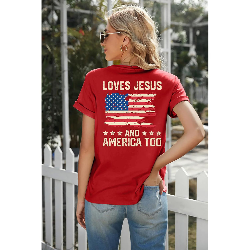 American Flag Shirts for Women: 250th Anniversary Tshirts She Loves Jesus and America Too Tee Tops