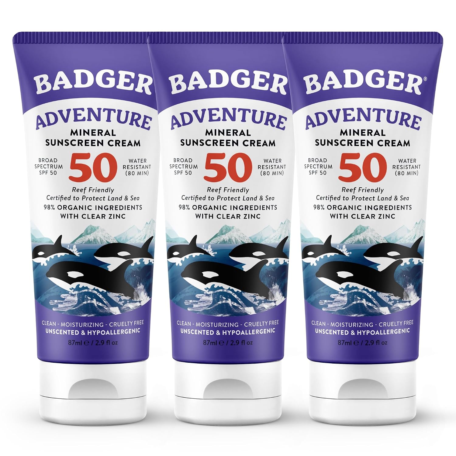 Badger Biodegradable Reef Safe Sunscreen, Spf 50 Unscented Zinc Oxide Sunscreen, 98% Organic Ingredients, Water Resistant Adventure Sport Sunblock, 2.9 Fl Oz, 3-Pack