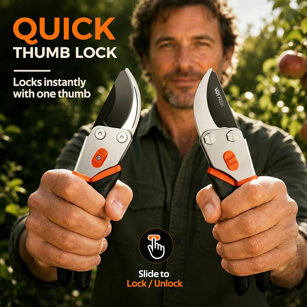 Votrek® Pruning Shears, 8.5” Professional Garden Pruner With Jam-Proof Spring & Ever-Sharp Sk5 Blade, Ergonomic Bypass Clippers For Rose, Tree Trimming, Heavy Duty Bonsai Scissor For Weak Hand