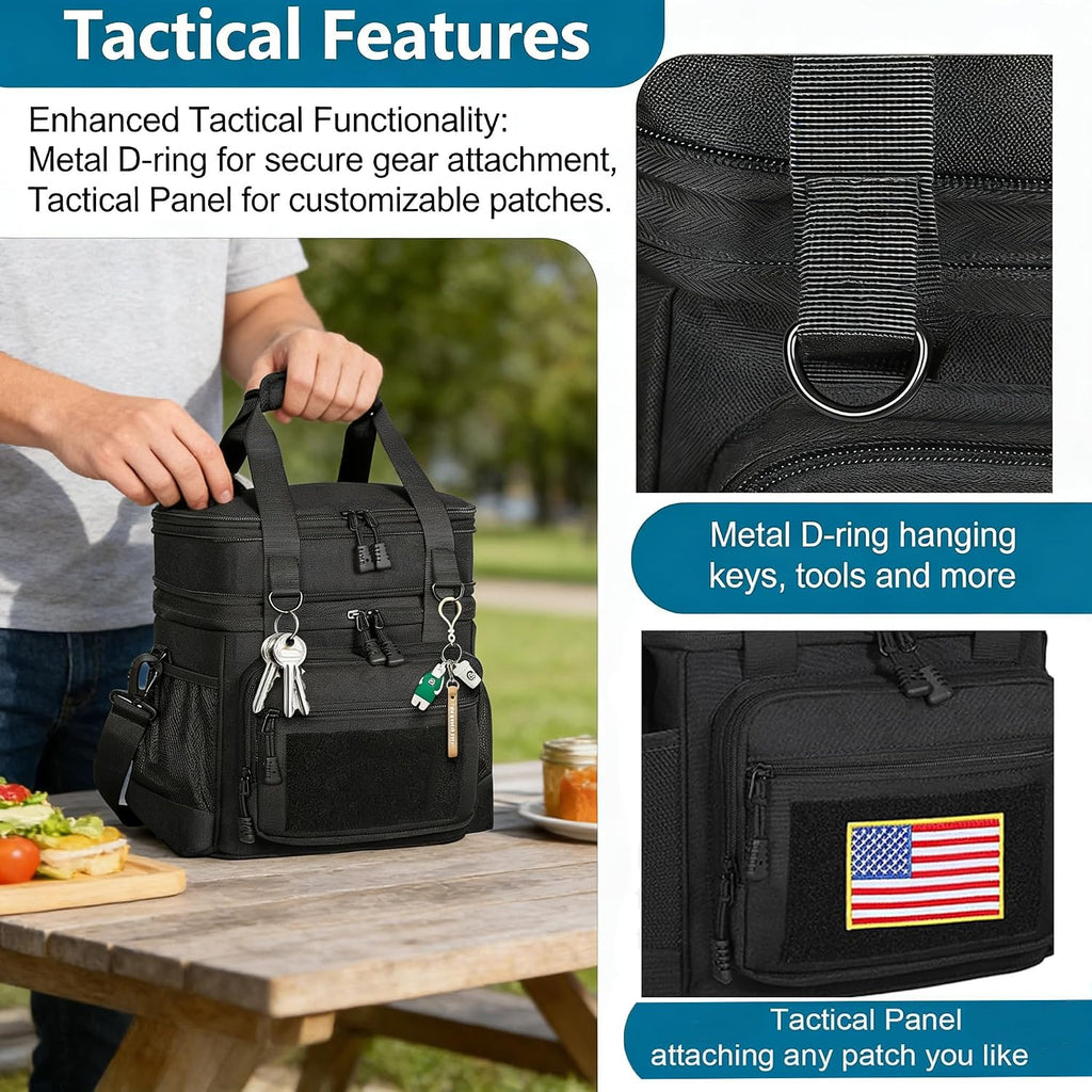 Tactical Lunch Box Cooler Bag - Expandable Insulated Lunch Bag For Men Daily - Large Lunchbox For Adults Work Shifts Outdoor Trips Black 16L
