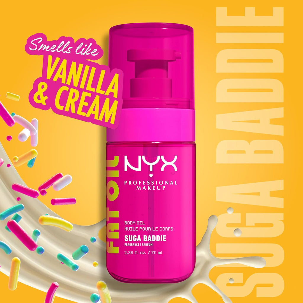 Nyx Professional Makeup Fat Oil Body Oil In Suga Baddie, Vanilla Scented Body Glow Moisturizer With Vitamin E For 24Hr Hydration And Glowing Skin, Glossy Finish, Vegan & Cruelty-Free