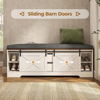 60“ Farmhouse Storage Bench With Cushion, Shoe Rack With Slide Barn Doors, Adjustable Shelf And 2 Drawer For Entry, Bedroom, Closet, Living Room, Hallway (White Brown, 60 In)