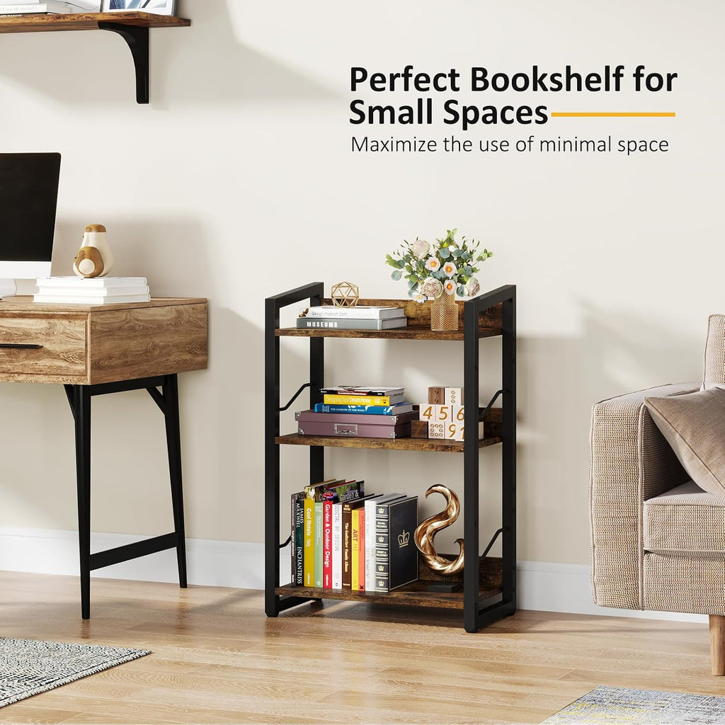 Book Shelf Small Bookshelf: 3-Tier Wood Bookcase Industrial Bookshelf With Edge Protection Metal Narrow Bookcase Storage Organizer Display Rack For Bedroom Home Office (Rustic Brown)