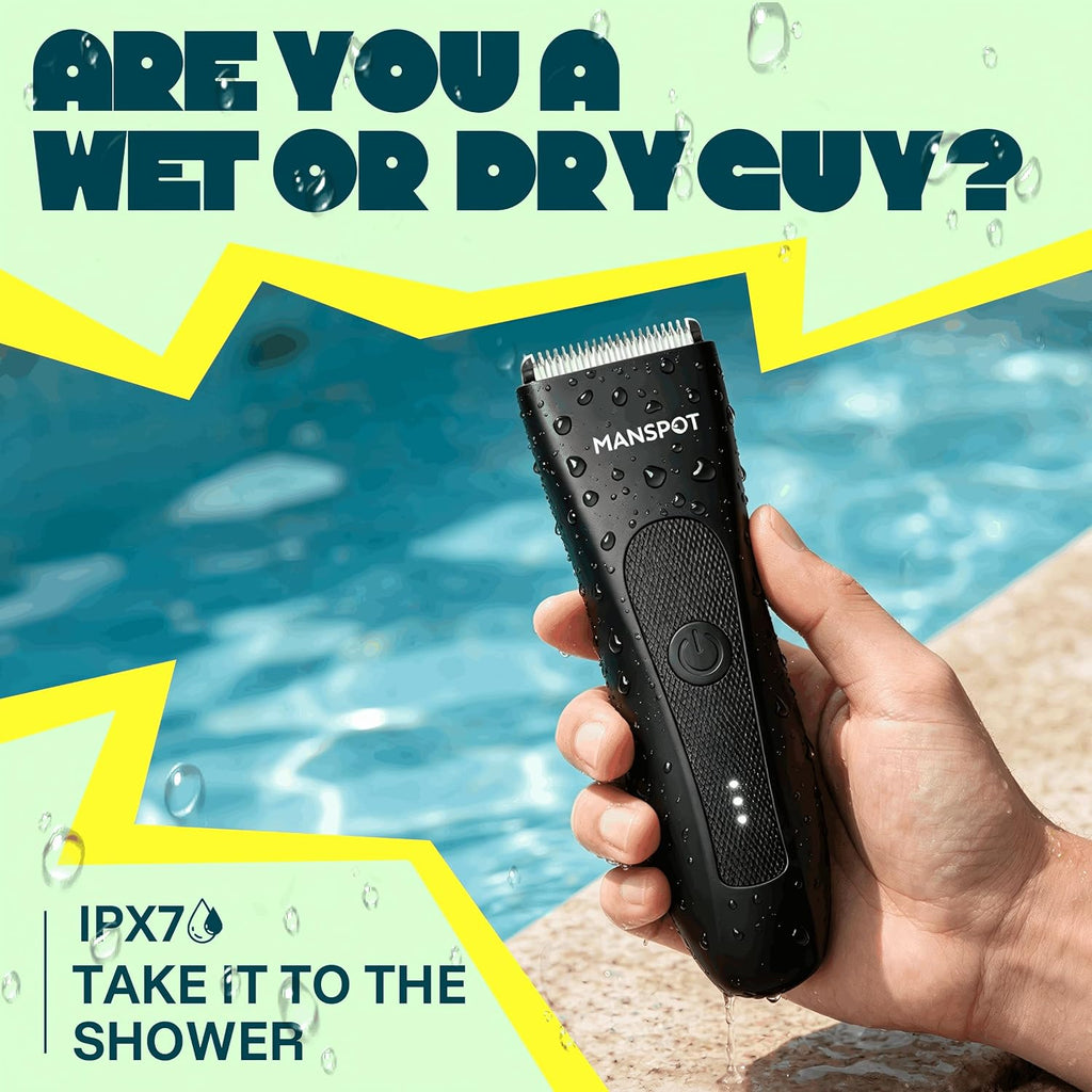Manspot Manscape Groin & Body Hair Trimmer For Men With Spotglide™ Blade, Electric Ball & Pubic Trimmer Shaver, Replaceable Ceramic Blade, Ipx7 Waterproof Wet/Dry, 90-Min Runtime, 4 Guard Combs