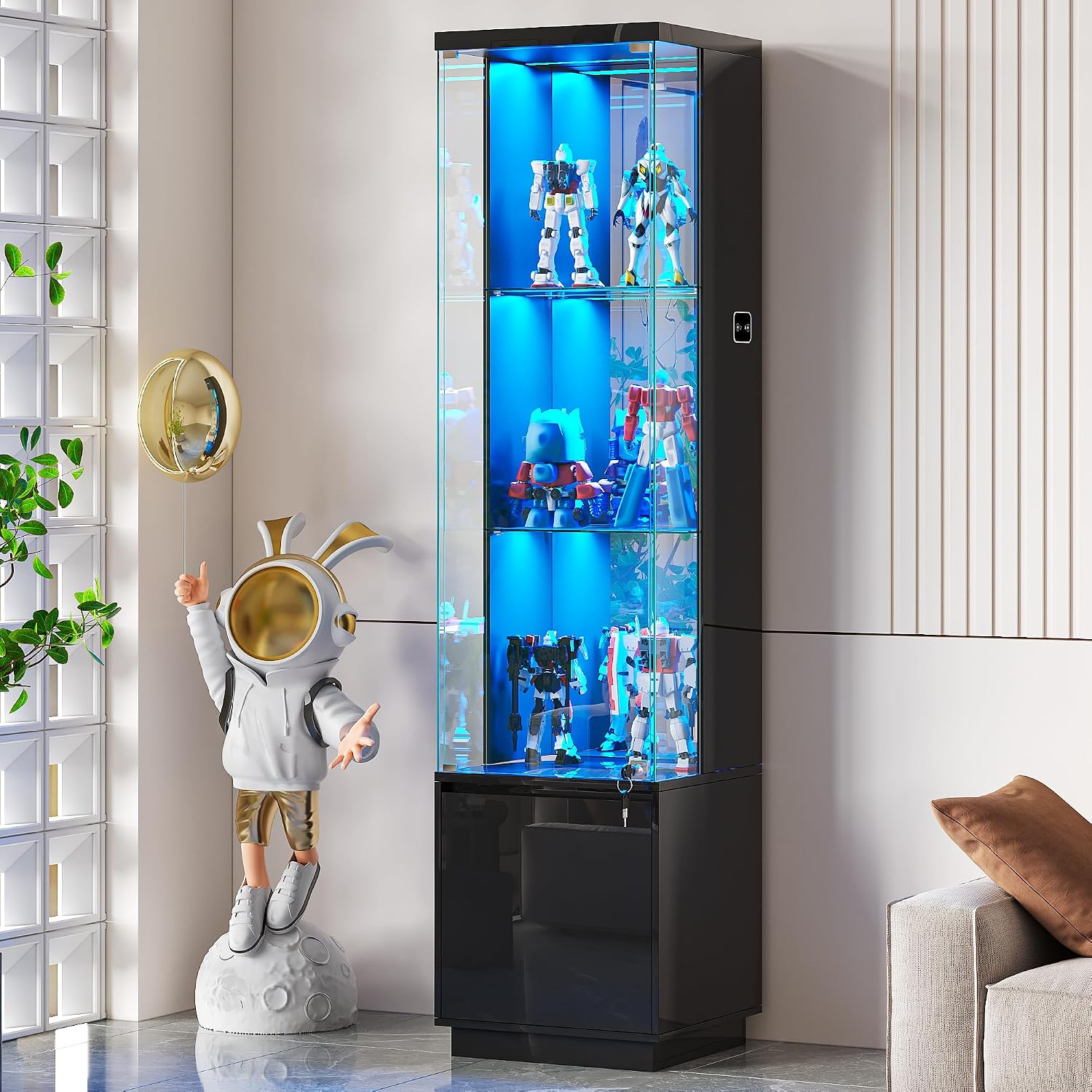 Lvifur Lockable Curio Display Cabinet With Glass Door,65" Lighted Curio Cabinet With 3 Color Lights For Collectibles,3-Tier Glass Display Case With Human Body Sensor For Living Room,Black