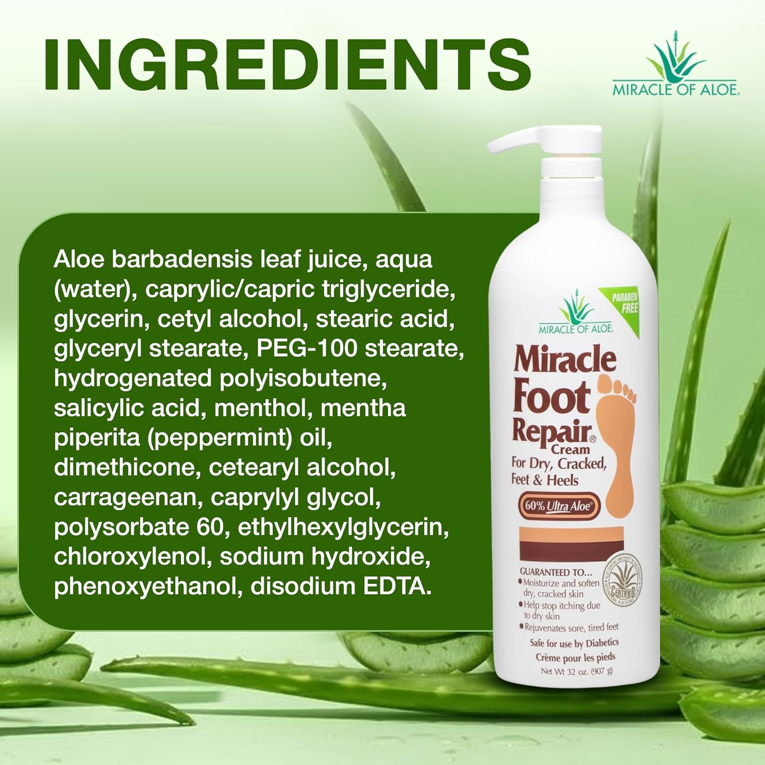 Miracle of Aloe Foot Repair Cream, 32 oz, 60% Pure UltraAloe, Non-Greasy Moisturizer for Dry, Cracked Feet and Callused Skin, Fast-Absorbing Deep Hydration, Diabetic Safe, Peppermint Scent