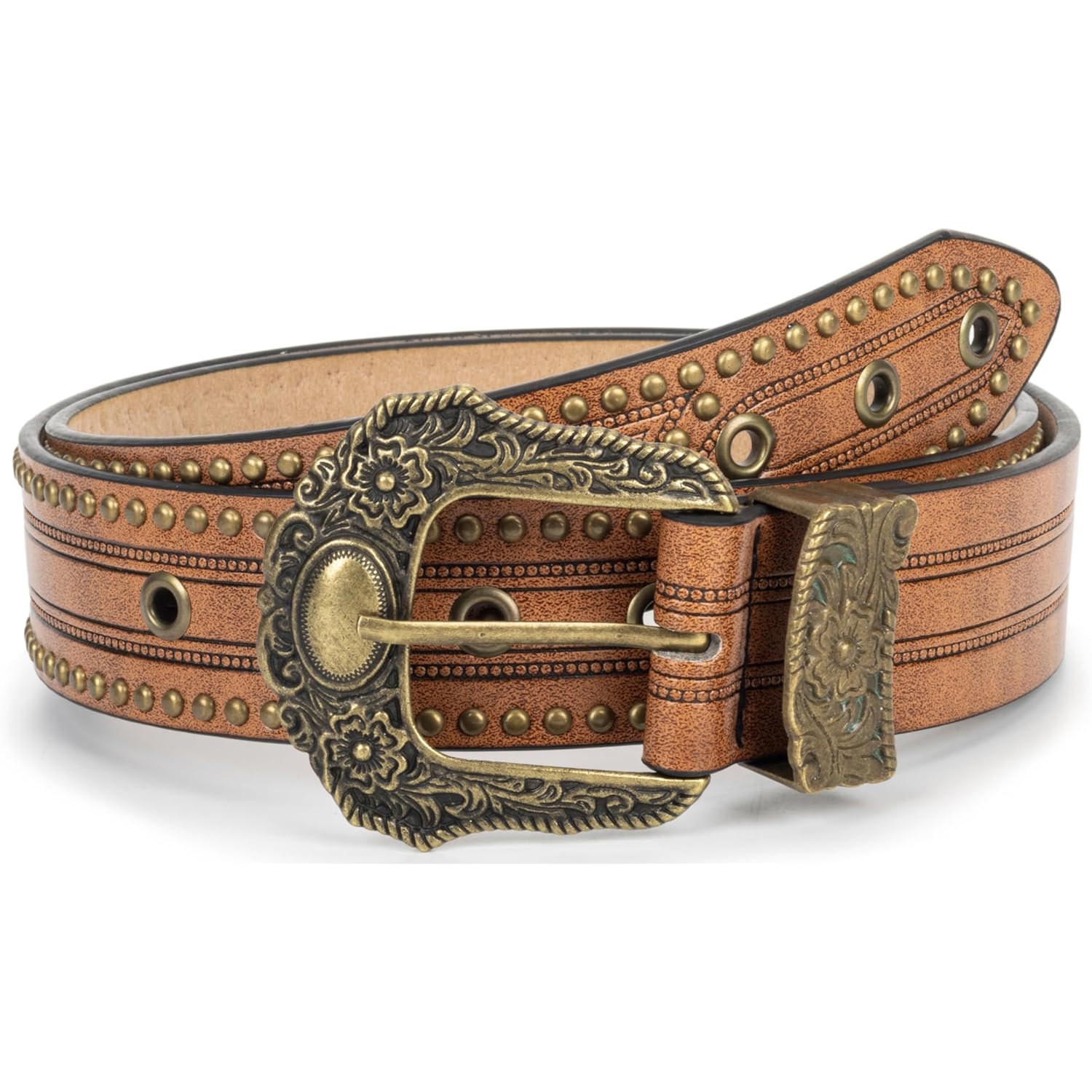 Mealah Vintage Western-Cowboy-Belt for Women Men - Carved Buckle PU Leather Waist Belts (for Waist 28"-38")