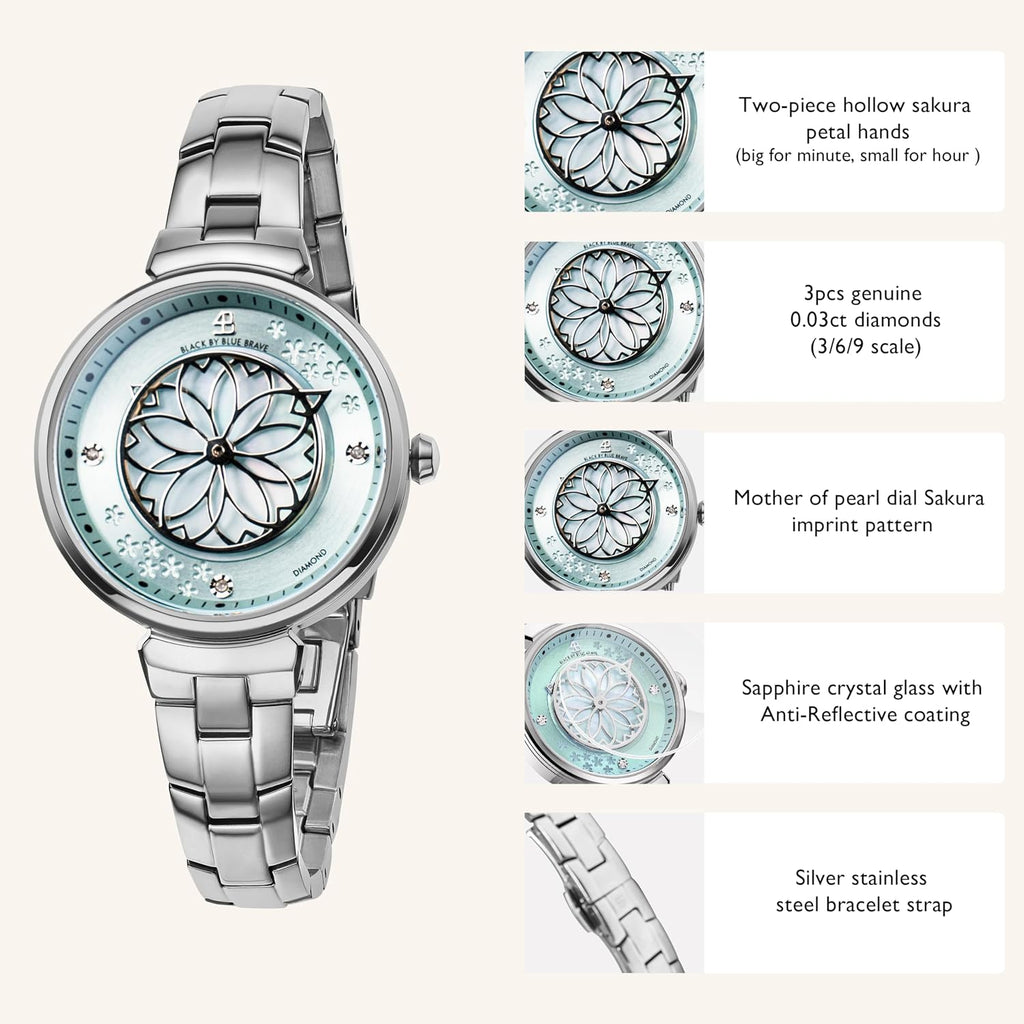 Black By Blue Brave Cherry Blossom Watch Women—Diamonds, Mother Of Pearl | Sakura Petal Hand, Silver Bracelet—Elegant Floral Watch For Women, Gift, Formal Occasions