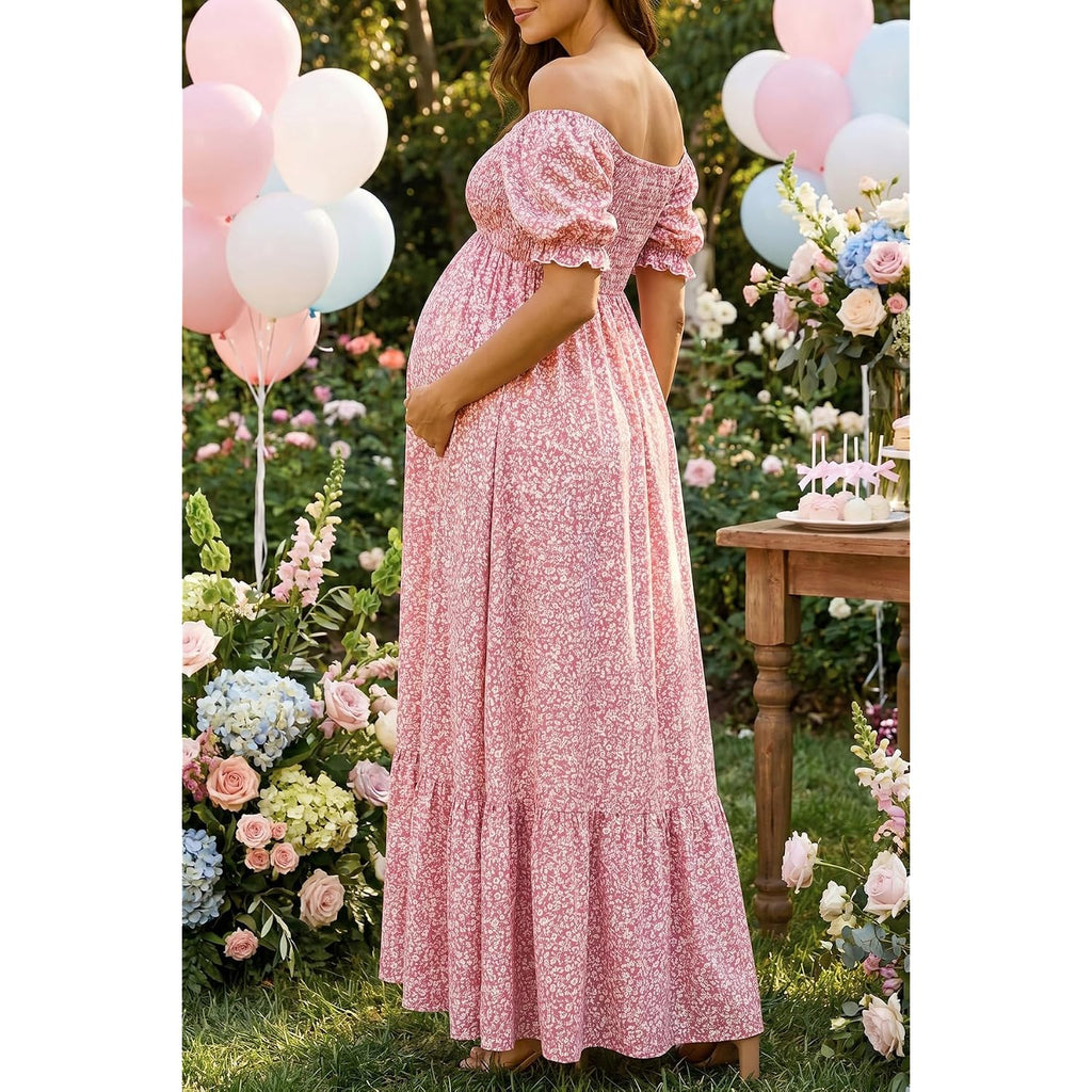 Maternity Dress Baby Shower - 2025 Photoshoot Pregnancy Summer Floral Maxi Off Shoulder Casual Dress