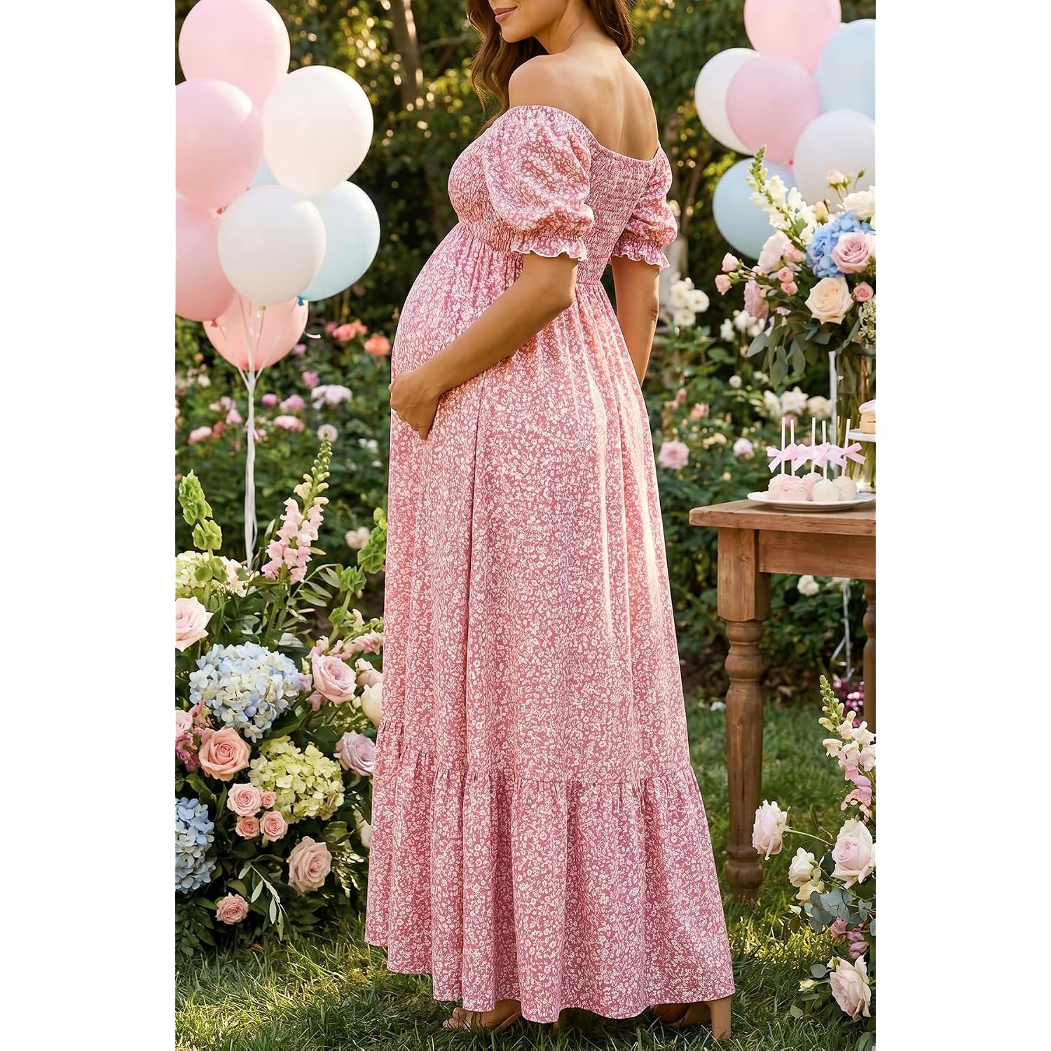 Maternity Dress Baby Shower - 2025 Photoshoot Pregnancy Summer Floral Maxi Off Shoulder Casual Dress