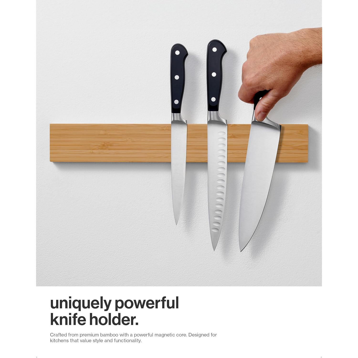 Larhn Magnetic Knife Holder For Wall Or Fridge - No-Drill Bamboo Knife Magnetic Strip, 16″ - Renter Friendly