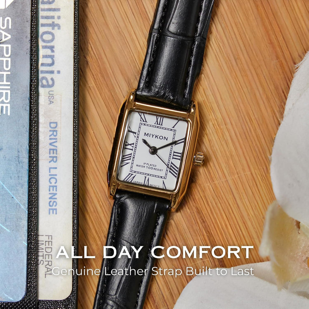 Miykon Dainty Vintage Tank Square Dress Watches For Women – Genuine Leather Band, Second Hand, Japanese Quartz, Water Resistant