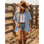 Women Short Sleeve Denim Shirt Button Down Oversized Denim Top Blouse Casual Loose Fit Jean Jacket Outfit With Pocket