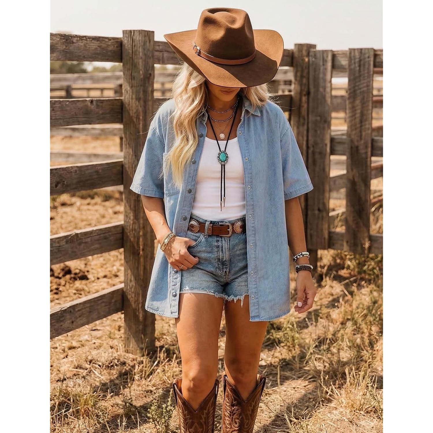 Women Short Sleeve Denim Shirt Button Down Oversized Denim Top Blouse Casual Loose Fit Jean Jacket Outfit With Pocket
