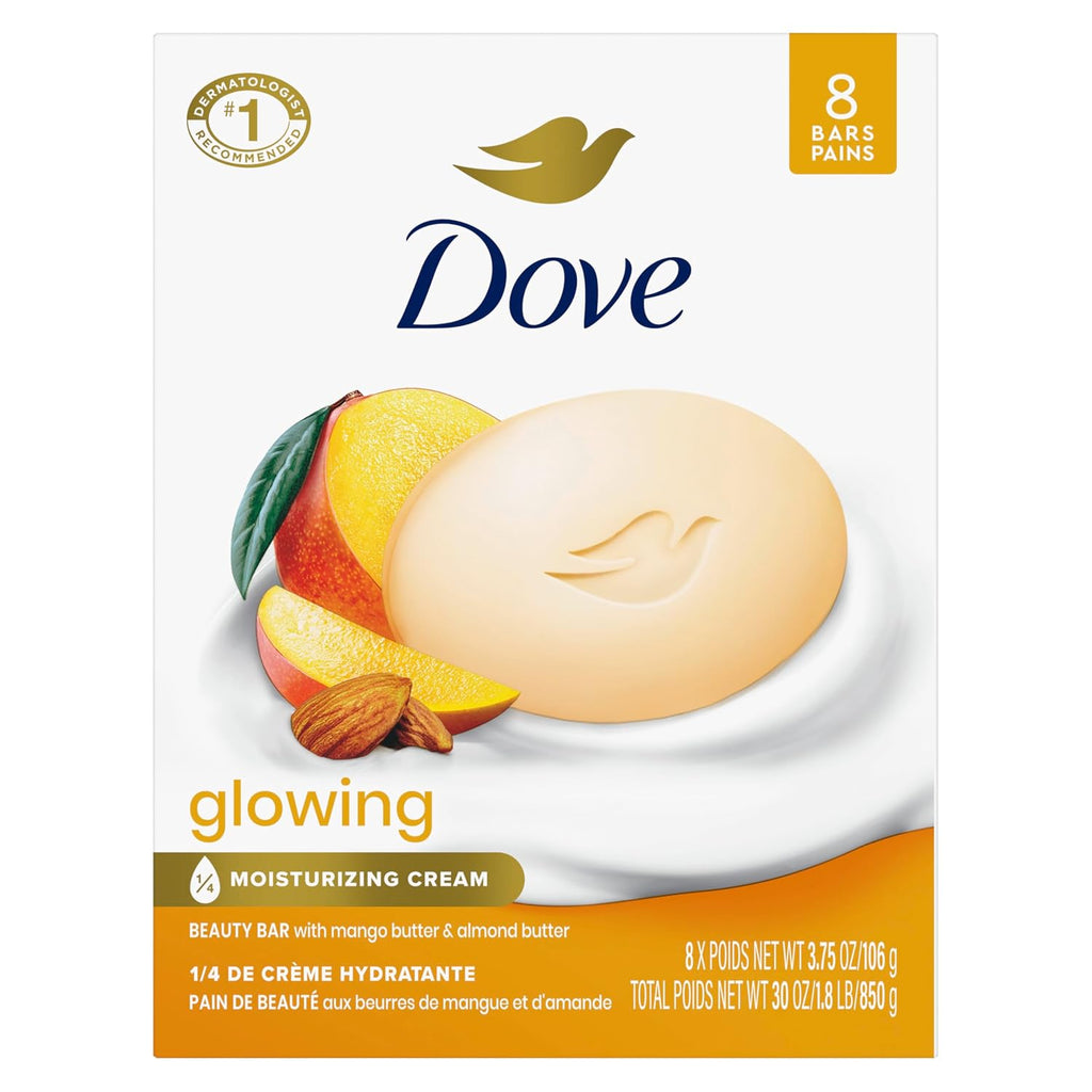 Dove Glowing Beauty Bar Soap 8 Count, Mango & Almond Butters, 3.75 Oz I Moisturizing Beauty Bar With Mango And Almond Butters For Soft, Smooth And Radiant-Looking Skin