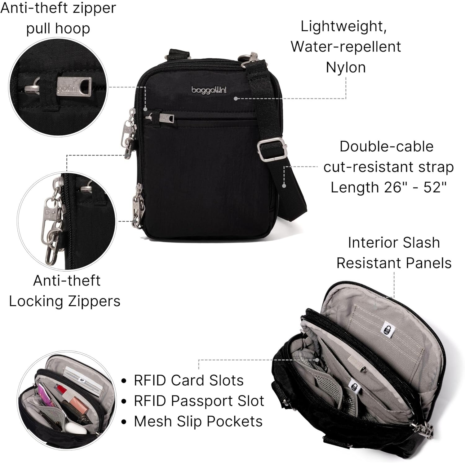 Baggallini Securtex® Anti-theft Mini Everything Crossbody Bag, 6.3"x8.25" Rfid, Locking Zippers & Cut-resistant Strap