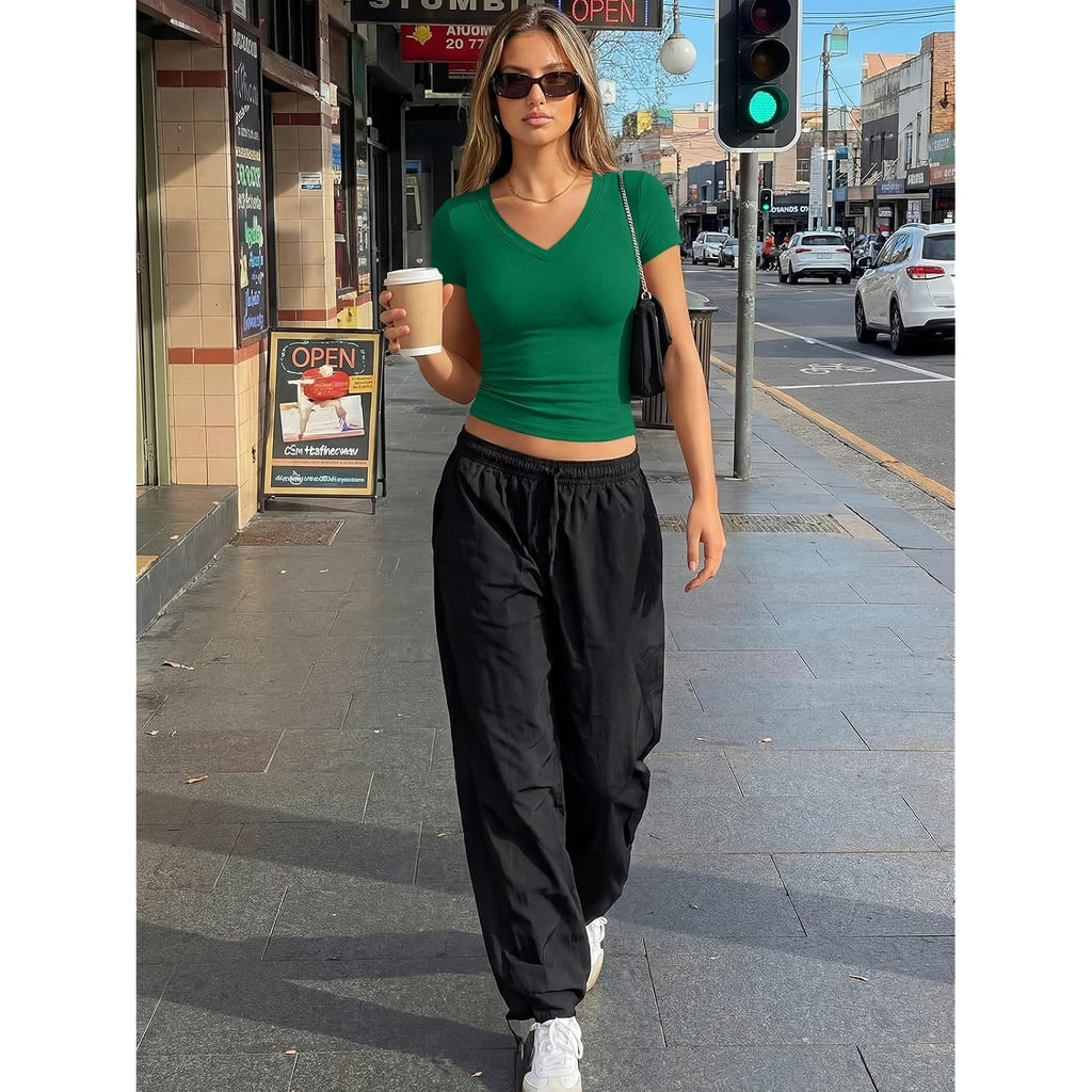 Trendy Queen Womens V Neck Short Sleeve Shirts Crop Tops | Buttery Soft Slimming Tee. Chic Y2K Style For Ladies Going Out, Gym Workouts, Or Summer Outfits. Breathable Comfy Fabric