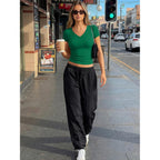 Trendy Queen Womens V Neck Short Sleeve Shirts Crop Tops | Buttery Soft Slimming Tee. Chic Y2K Style For Ladies Going Out, Gym Workouts, Or Summer Outfits. Breathable Comfy Fabric