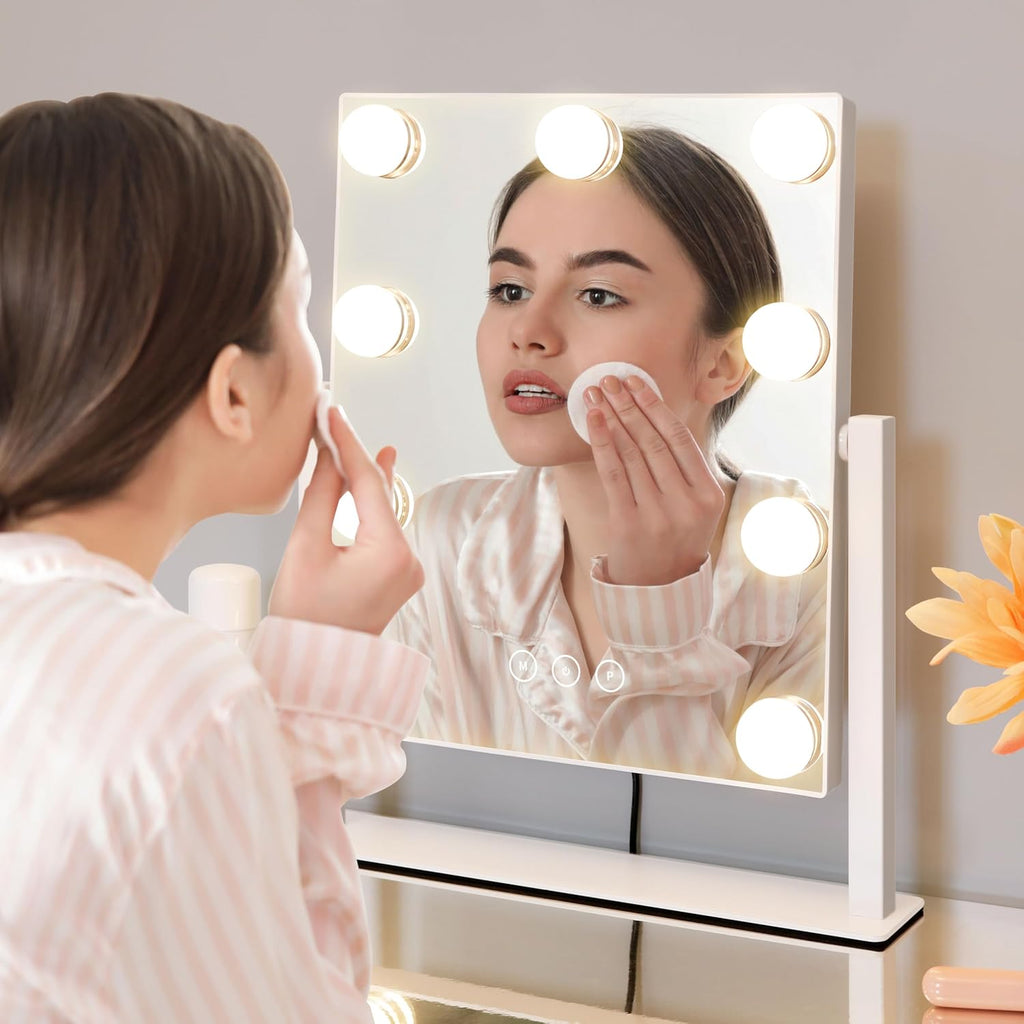 Kotdning Vanity Mirror With Lights,Lighted Vanity Mirror With 9 Dimmable Bulbs For Dressing Room & Bedroom,3 Color Lighting,Modes Detachable 10X Magnification 360°Ratation(White) 12" L X 14.4" W