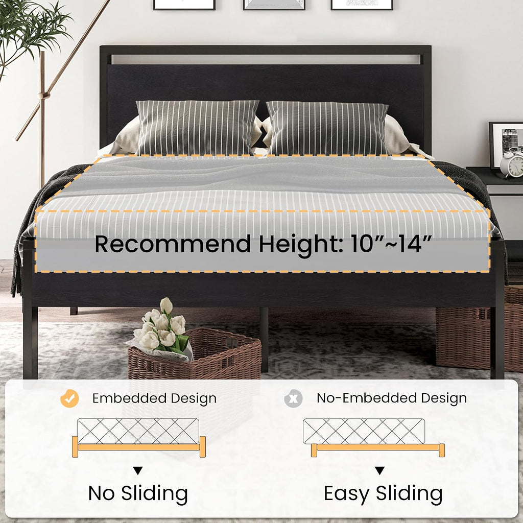 Sha Cerlin 14 Inch Queen Size Metal Platform Bed Frame With Wooden Headboard And Footboard, Mattress Foundation, No Box Spring Needed, Large Under Bed Storage, Non-Slip Without Noise, Black Oak